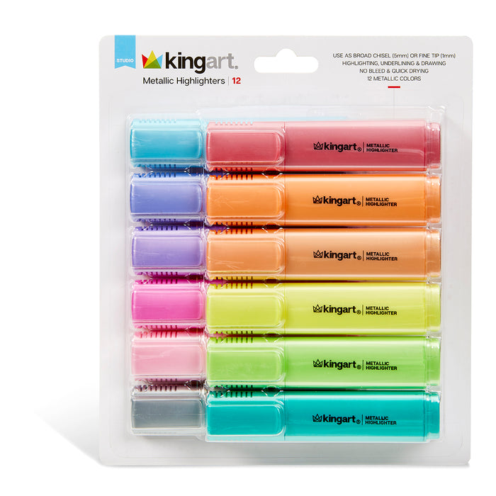 Metallic Highlighters, Use as Broad Chisel or Fine Tip, No Bleed & Quick Drying, 12 Metallic Colors