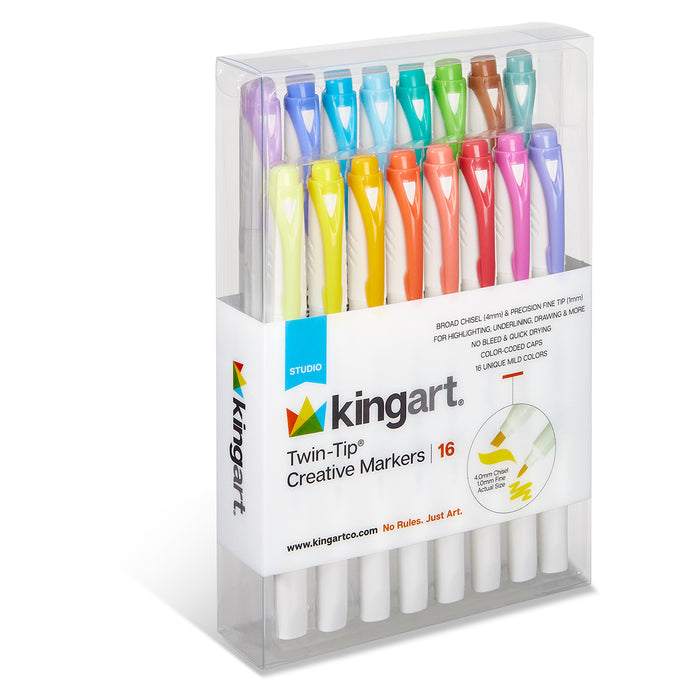 KINGART® Twin-Tip® Creative Markers, Soft Mild Pastel Highlighter Pens, Broad & Fine Tips, Set of 16 - Studio - KINGART