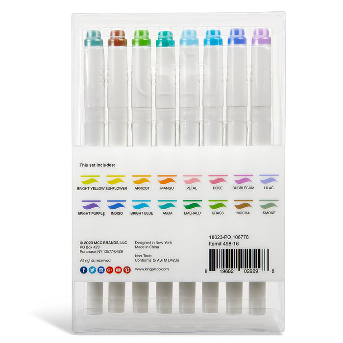 KINGART® Twin-Tip® Creative Markers, Soft Mild Pastel Highlighter Pens, Broad & Fine Tips, Set of 16 - Studio - KINGART