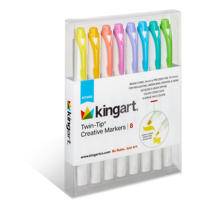 KINGART® Twin-Tip® Creative Markers, Soft Mild Pastel Highlighter Pens, Broad & Fine Tips, Set of 8 - Studio - KINGART