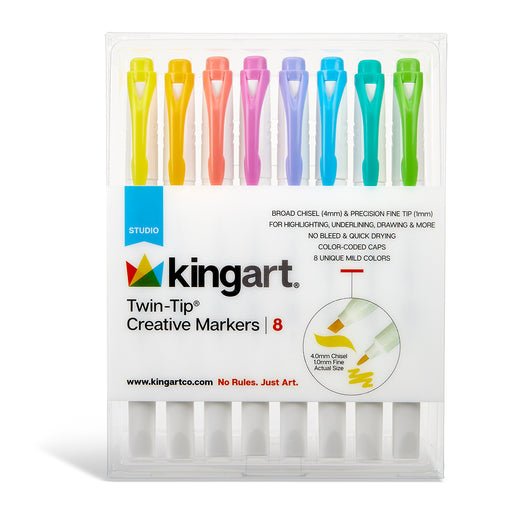 KINGART® Twin-Tip® Creative Markers, Soft Mild Pastel Highlighter Pens, Broad & Fine Tips, Set of 8 - Studio - KINGART