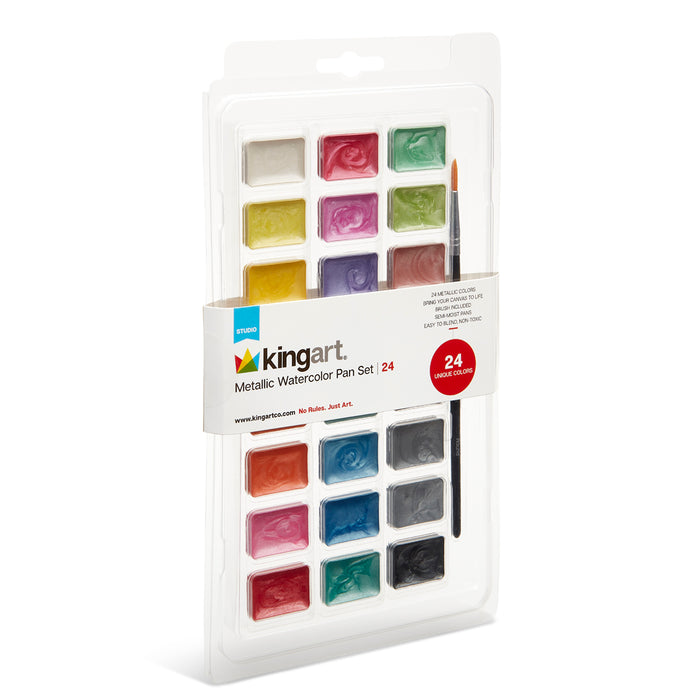 KINGART® Watercolor Pan Set, 24 Unique Shades & Paint Brush -  - KINGART