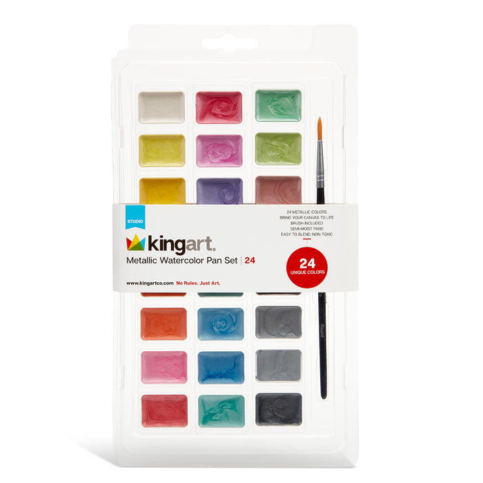 KINGART® Watercolor Pan Set, 24 Unique Shades & Paint Brush -  - KINGART