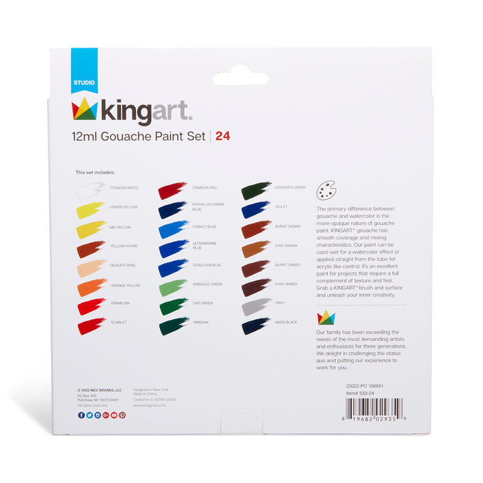 KINGART® Studio Gouache Paint, 12ml (.4oz), Set of 24 Unique Colors - Studio - KINGART®