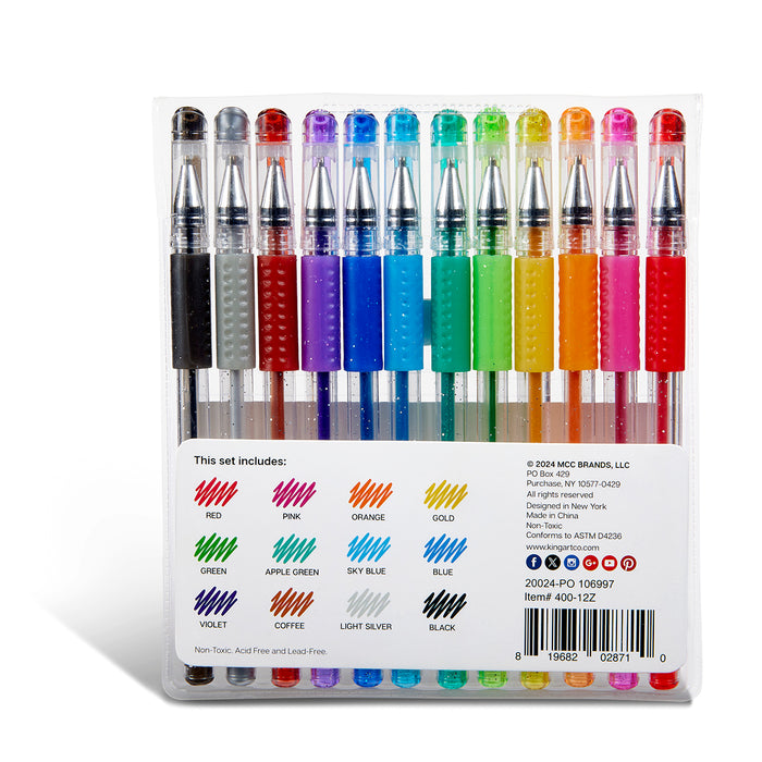 Soft Grip Glitter Gel Pens, 2.0mm Ink Cartridge, Set of 12 Unique Colors