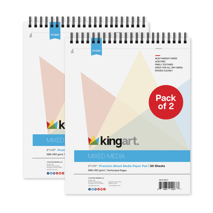 KINGART® Mixed Media Sketchbook, Pack of 2, 8 x 10 Inches, 60-Sheet, 98lb/160gsm Acid-Free Paper, Micro-Perforated, Spiral-Bound, Wet and Dry Media