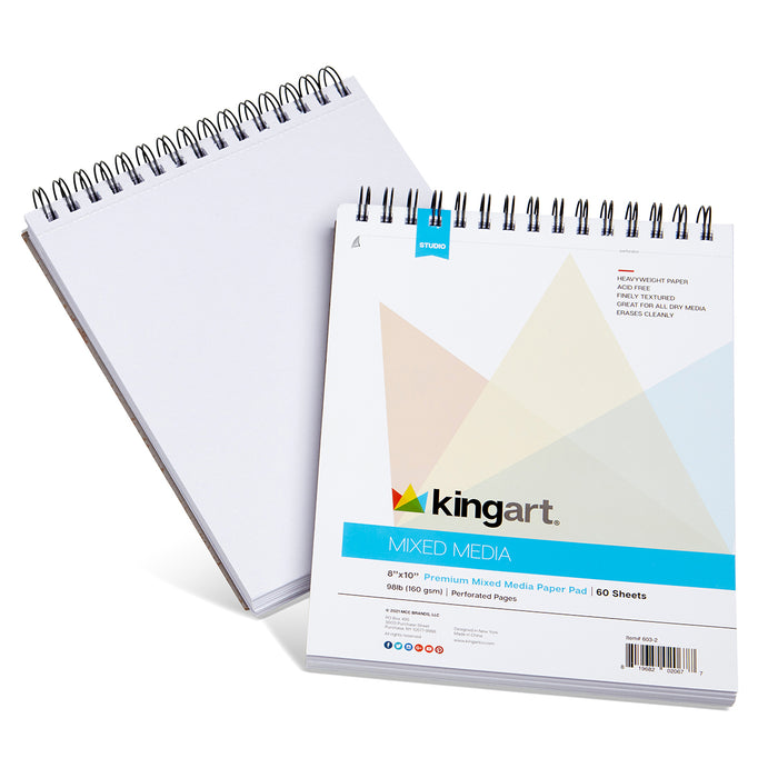 KINGART® Mixed Media Sketchbook, Pack of 2, 8 x 10 Inches, 60-Sheet, 98lb/160gsm Acid-Free Paper, Micro-Perforated, Spiral-Bound, Wet and Dry Media