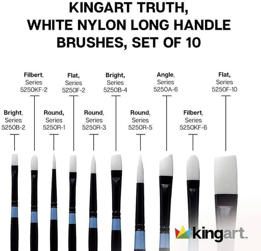 KINGART® Premium White Taklon Truth™ Series Oil & Acrylic Long Handle Artist Brushes, Gift Box, Set of 10 - Premium - KINGART®