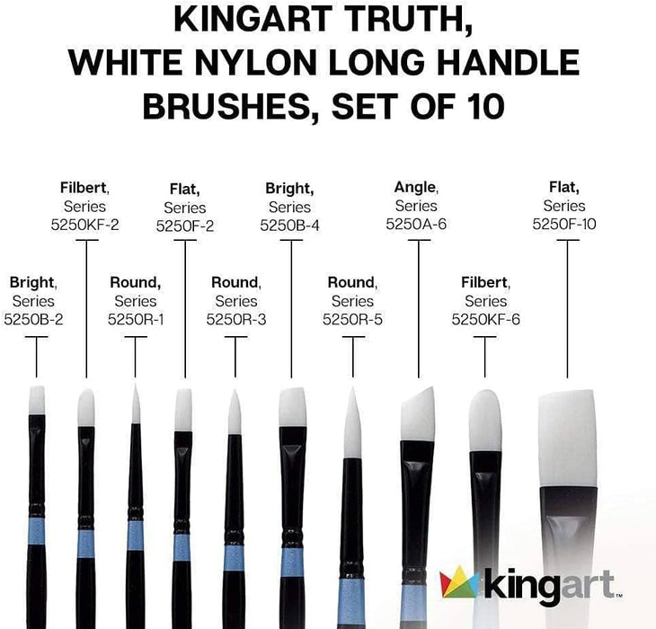 KINGART® Premium White Taklon Truth™ Series Oil & Acrylic Long Handle Artist Brushes, Gift Box, Set of 10 - Premium - KINGART®