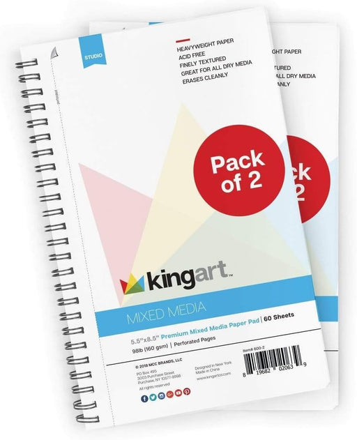 KINGART® Mixed Media Sketchbook, Pack of 2, 5.5 x 8.5 Inches, 60-Sheet, 98lb/160gsm Acid-Free Paper, Micro-Perforated, Spiral-Bound, Wet and Dry Media - Studio - KINGART®