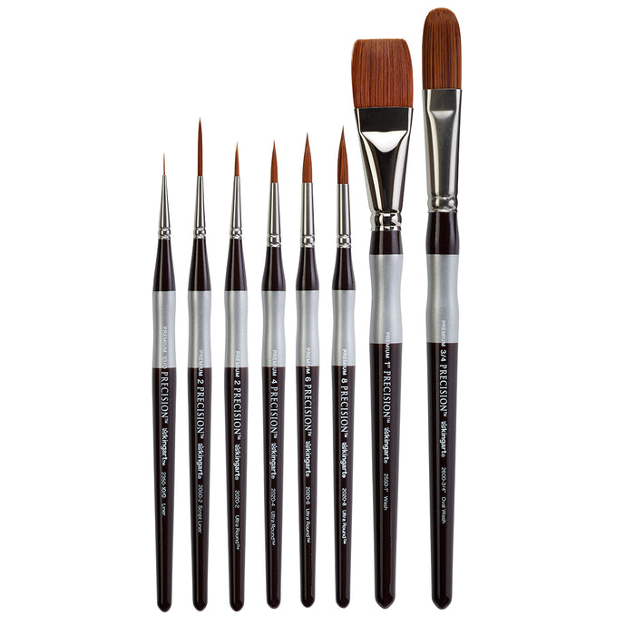 KINGART® Precision™ Series Amber Taklon Brushes, Ergonomic Comfort Handle, Gift Box, Set of 8 - Premium - KINGART®