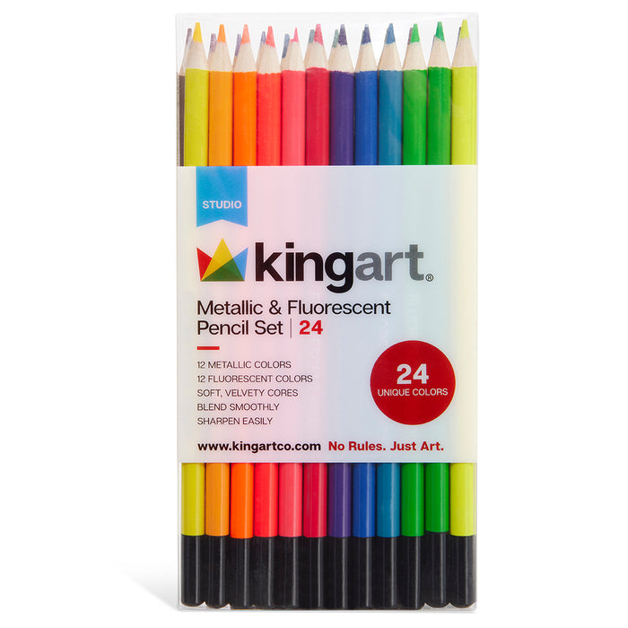 KINGART® Studio Colored Metallic & Fluorescent Pencil Set, 24 Unique Colors - Studio - KINGART®