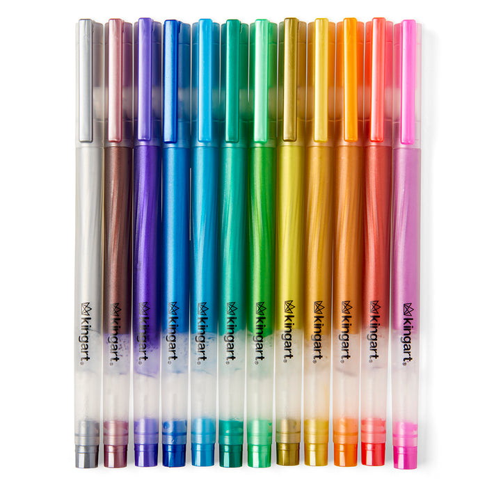 KINGART® Metallic Gel Pens, Scrapbook, Journals, or Drawing, Colored Metallic Ink, Medium Line , Set of 12 Unique Shades - Studio - KINGART