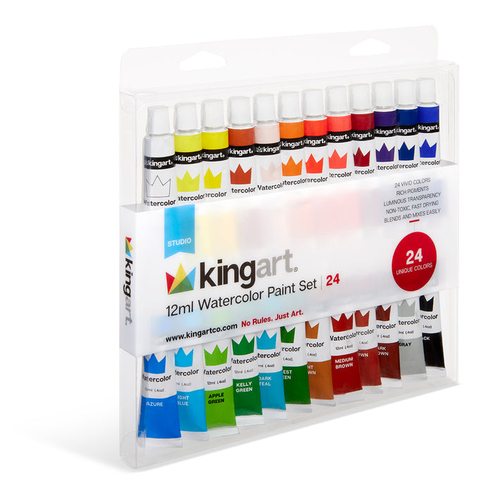 KINGART® Studio Watercolor Paint, 12ml (.4oz), Set of 24 Unique Colors - Studio - KINGART®