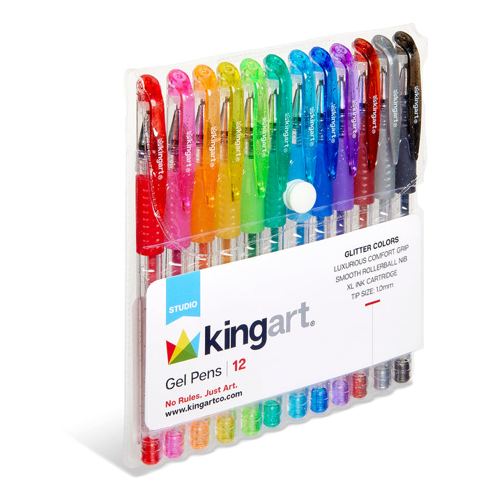 Soft Grip Glitter Gel Pens, 2.0mm Ink Cartridge, Set of 12 Unique Colors