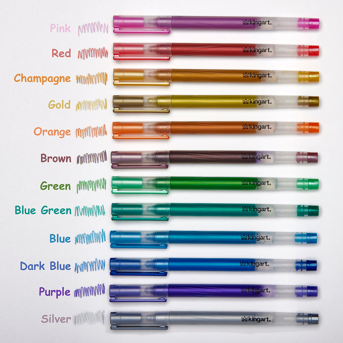 KINGART® Metallic Gel Pens, Scrapbook, Journals, or Drawing, Colored Metallic Ink, Medium Line , Set of 12 Unique Shades - Studio - KINGART