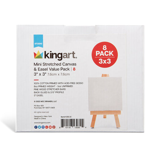 KINGART® Mini - 3 x 3 inch Stretched Painting Canvas and 5 inch Wood Easel Set - Set of 8 - Studio - KINGART