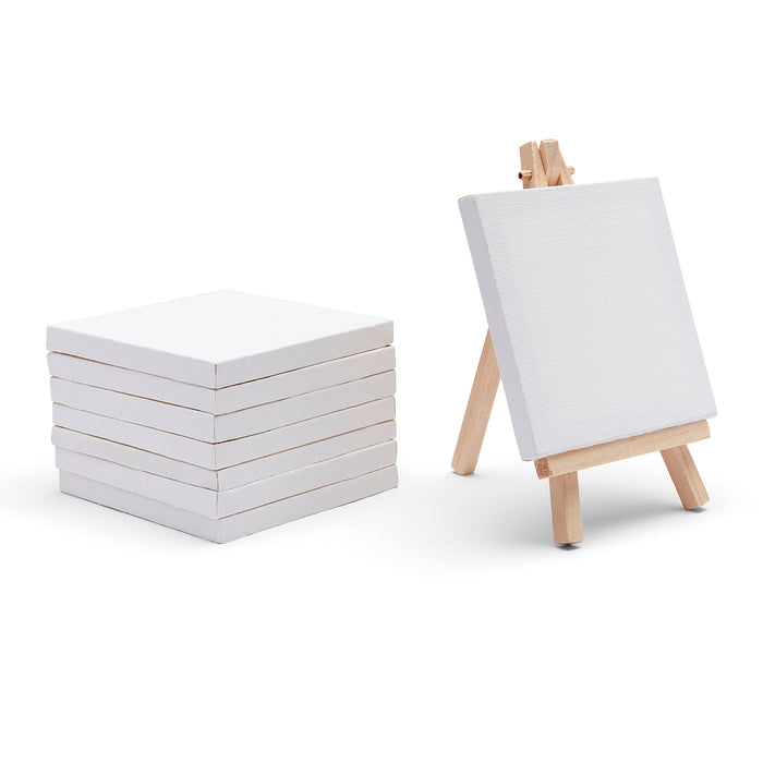 KINGART® 855 Mini - 3 x 3 inch Stretched Painting Canvas and 5 inch Wood Easel Set - Set of 8 -  - KINGART