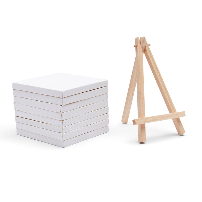 KINGART® 855 Mini - 3 x 3 inch Stretched Painting Canvas and 5 inch Wood Easel Set - Set of 8 -  - KINGART