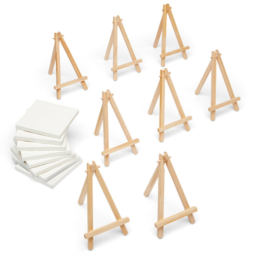 KINGART® 856 Mini - 4 x 4 inch Stretched Painting Canvas and 5 inch Wood Easel Set - 8 Sets -  - KINGART