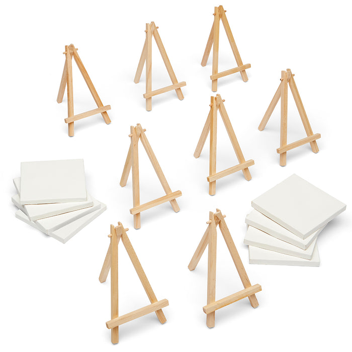 KINGART® 856 Mini - 4 x 4 inch Stretched Painting Canvas and 5 inch Wood Easel Set - 8 Sets -  - KINGART