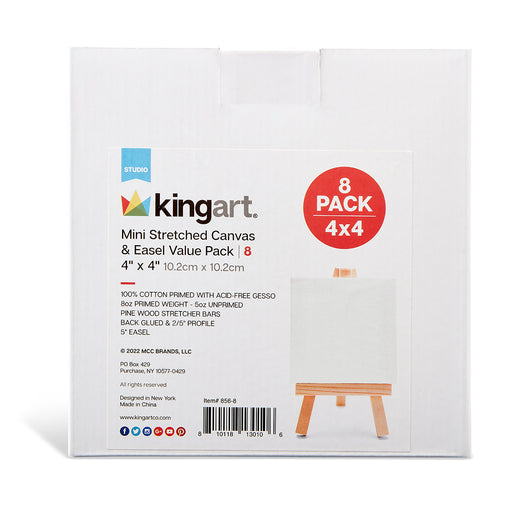 KINGART® Mini - 4 x 4 inch Stretched Painting Canvas and 5 inch Wood Easel Set - 8 Sets - Studio - KINGART