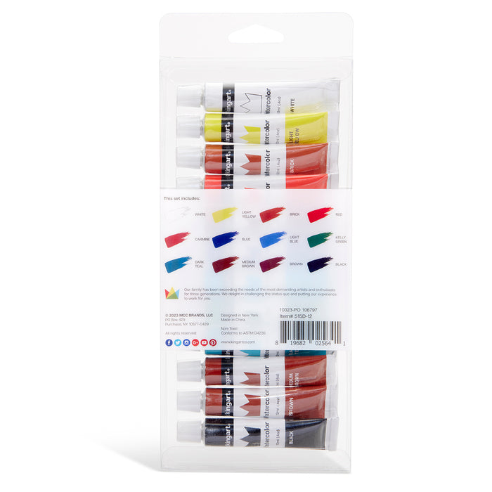 KINGART® Studio Watercolor Paint, 12 ml (.4oz), Set of 12 Unique Colors - Studio - KINGART®