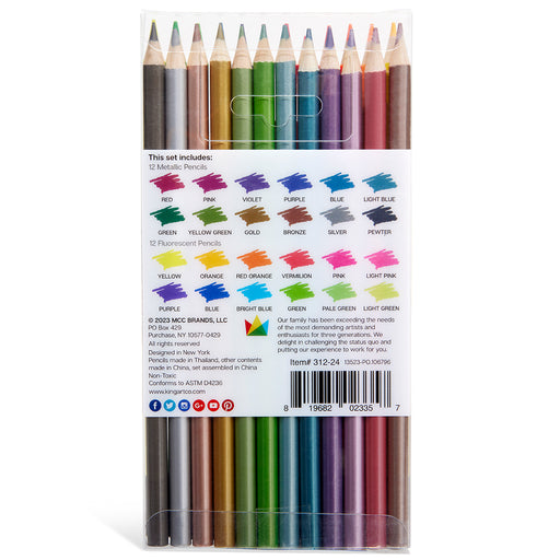 KINGART® Studio Colored Metallic & Fluorescent Pencil Set, 24 Unique Colors - Studio - KINGART®