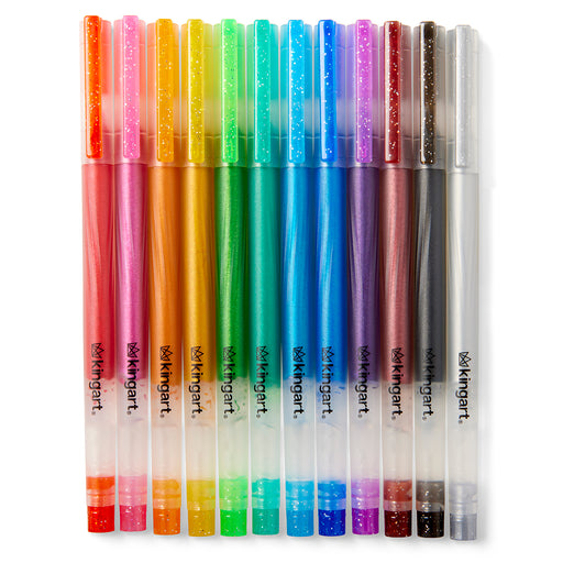 KINGART® Glittering Colored Gel Pens, Scrapbook, Journals, or Drawing, Colored Glitter Ink, Medium Line , Set of 12 Unique Colors - Studio - KINGART