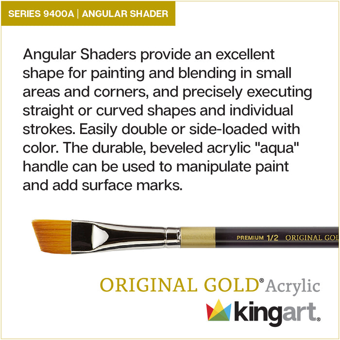 KINGART® Original Gold® 9400A Angle Shader Series, Aqua Acrylic Handle, Premium Golden Taklon Multimedia Artist Brushes - Premium - KINGART