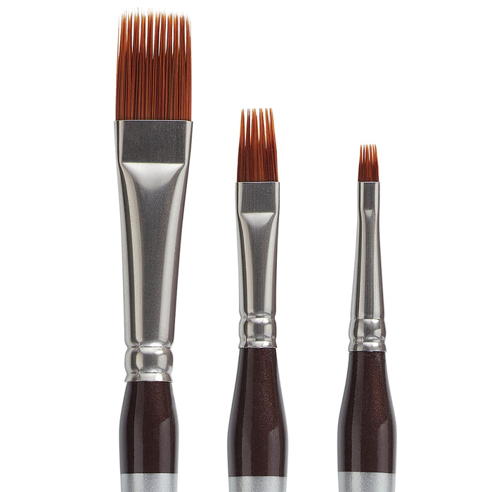 KINGART® Precision™ 2120 Flat Rake Series Amber Taklon Brushes, Ergonomic Comfort Handle, Set of 3 (Sizes: 1/8,1/4,1/2) - Premium - KINGART