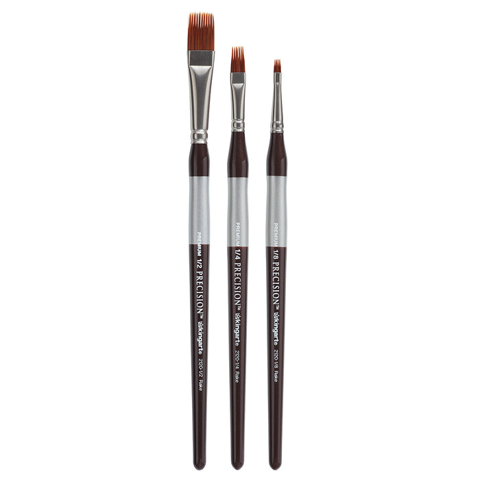 KINGART® Precision™ 2120 Flat Rake Series Amber Taklon Brushes, Ergonomic Comfort Handle, Set of 3 (Sizes: 1/8,1/4,1/2) - Premium - KINGART