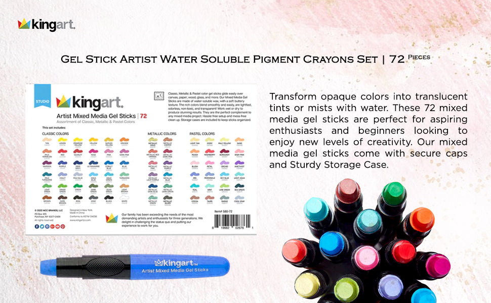 KINGART® Gel Stick Artist Mixed Media Watercolor Crayons, Set of 72 Unique Colors