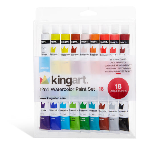 KINGART® Studio Watercolor Paint, 12ml (.4oz), Set of 18 Unique Colors - Studio - KINGART®