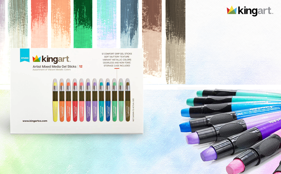 KINGART® Gel Stick Artist Mixed Media Watercolor Crayons, Set of 12 Metallic Colors