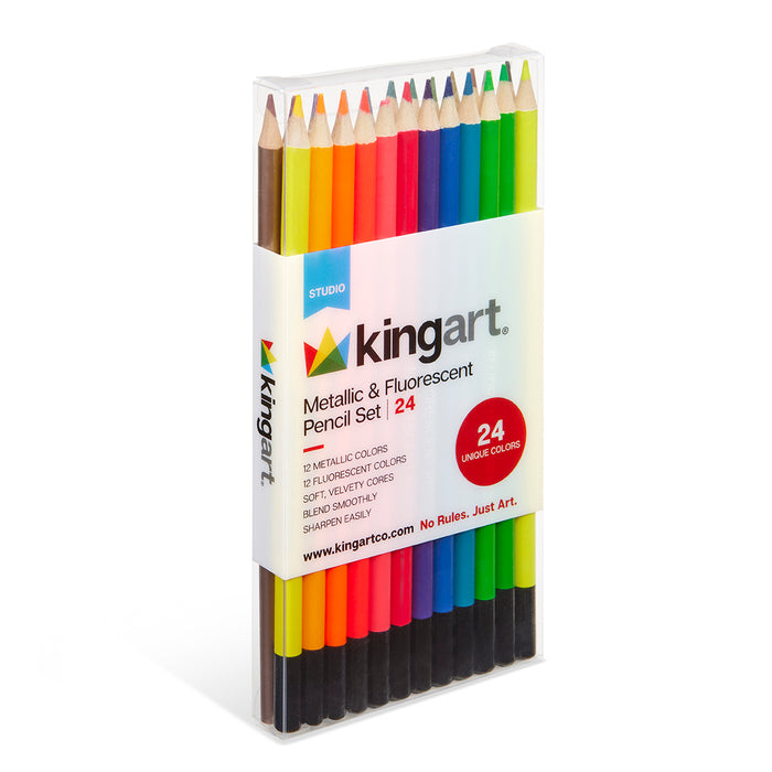 KINGART® Studio Colored Metallic & Fluorescent Pencil Set, 24 Unique Colors - Studio - KINGART®