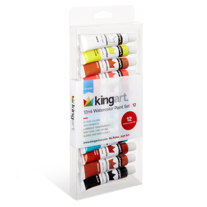 KINGART® Studio Watercolor Paint, 12 ml (.4oz), Set of 12 Unique Colors - Studio - KINGART®