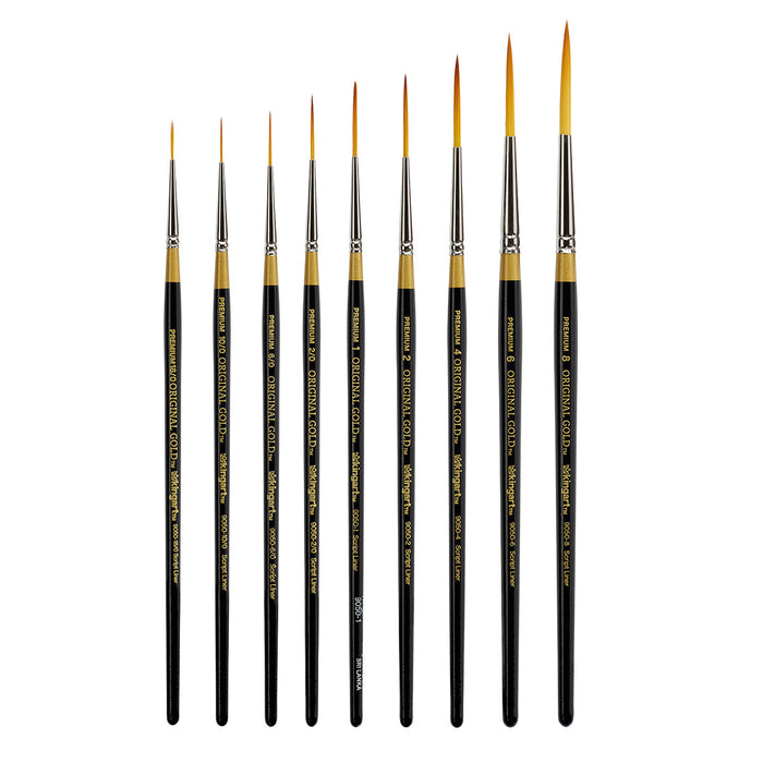 KINGART® Original Gold® 9050 Script Liner Series Premium Golden Taklon Multimedia Artist Brushes, Set of 9 Sizes - Premium - KINGART