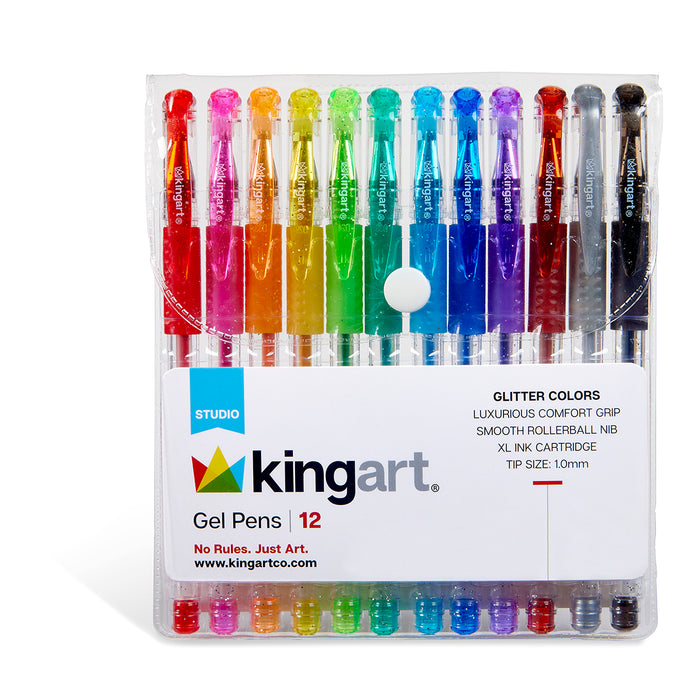 Soft Grip Glitter Gel Pens, 2.0mm Ink Cartridge, Set of 12 Unique Colors