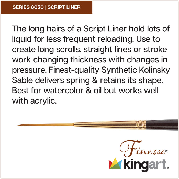 KINGART® Finesse™ 8050 Script Liner Series Kolinsky Sable Synthetic Blend Premium Watercolor Artist Brushes - Premium - KINGART®