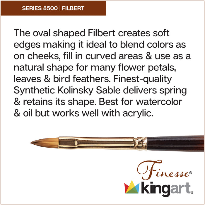 KINGART® Finesse™ Premium 8500 Filbert Series Watercolor Artist Brushes, Synthetic Kolinsky Sable Blend - Premium - KINGART®