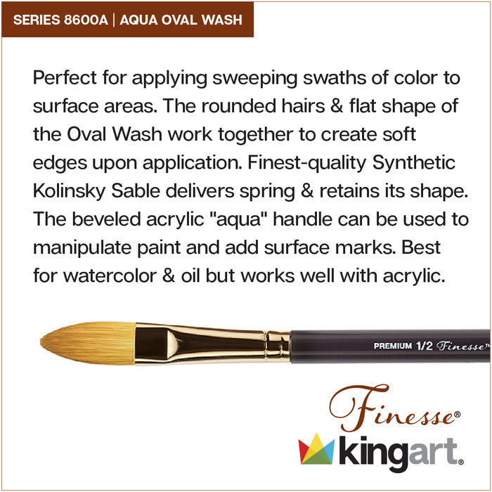 KINGART® Finesse™ Premium 8600A Aqua Oval Wash Series Watercolor Artist Brushes, Synthetic Kolinsky Sable Blend - Premium - KINGART®