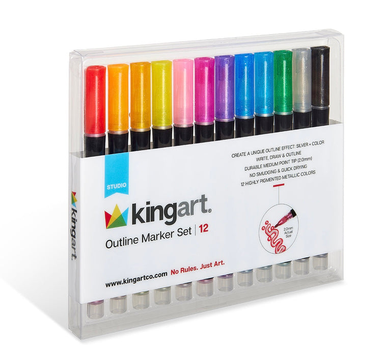 KINGART® Outline Markers - 12 pc. Set, Metallic Silver with Color Outlines - Studio - KINGART®