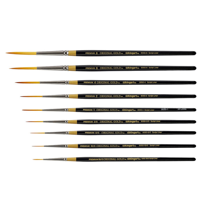 KINGART® Original Gold® 9050 Script Liner Series Premium Golden Taklon Multimedia Artist Brushes, Set of 9 Sizes - Premium - KINGART