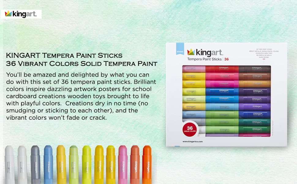 KINGART® Tempera Paint Sticks, 36 Vibrant Colors Solid Tempera Paint for Kids, Super Quick Drying, Works Great on Paper Wood Glass Ceramic Canvas