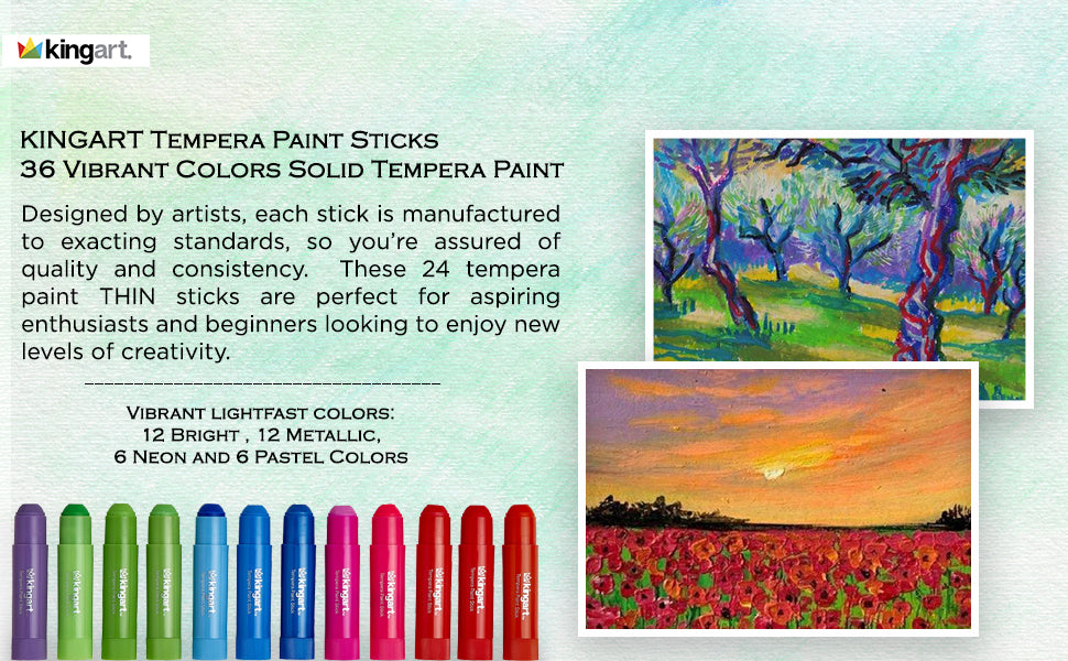 KINGART® Tempera Paint Sticks, 36 Vibrant Colors Solid Tempera Paint for Kids, Super Quick Drying, Works Great on Paper Wood Glass Ceramic Canvas