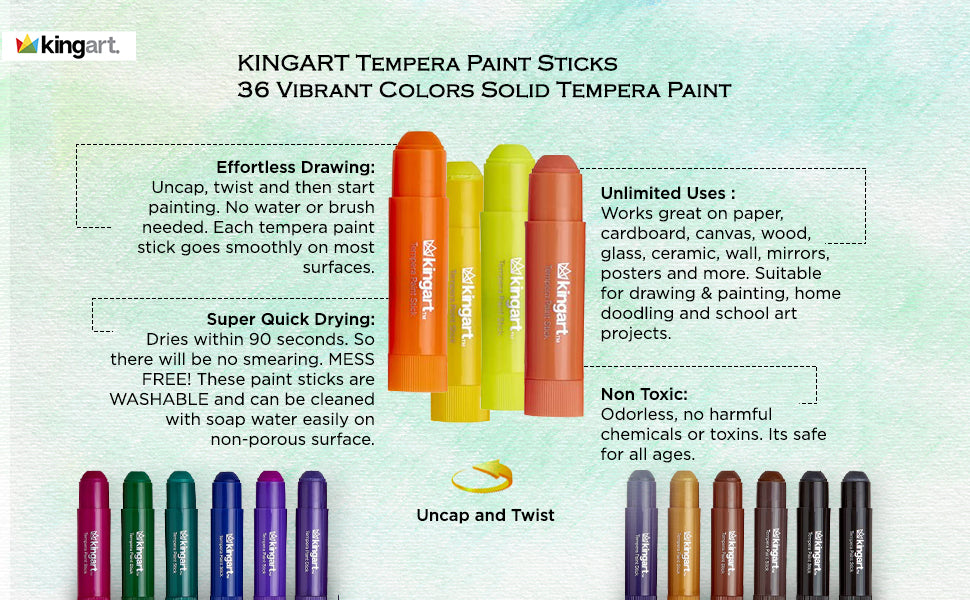 KINGART® Tempera Paint Sticks, 36 Vibrant Colors Solid Tempera Paint for Kids, Super Quick Drying, Works Great on Paper Wood Glass Ceramic Canvas