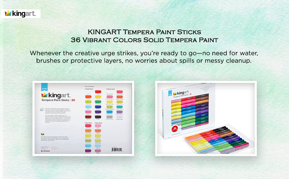 KINGART® Tempera Paint Sticks, 36 Vibrant Colors Solid Tempera Paint for Kids, Super Quick Drying, Works Great on Paper Wood Glass Ceramic Canvas