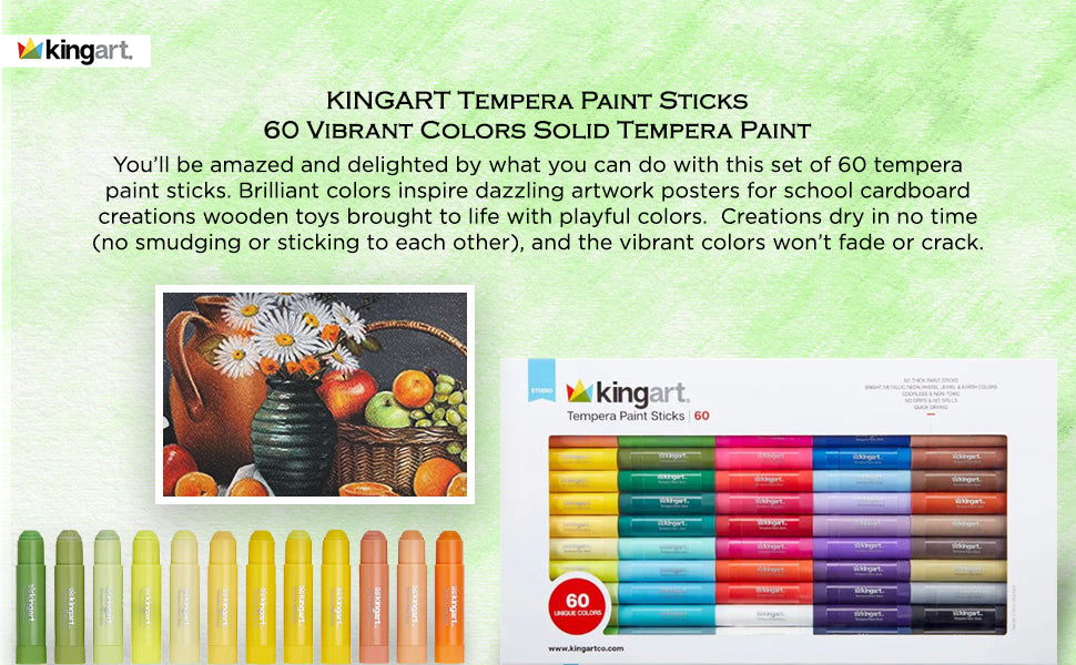 KINGART® Tempera Paint Sticks, 60 Vibrant Colors for Kids, Super Quick Drying, Works Great on Paper Wood Glass Ceramic Canvas