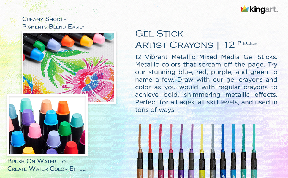 Gel Stick Artist Mixed Media Watercolor Crayons, Set of 12 Metallic Colors